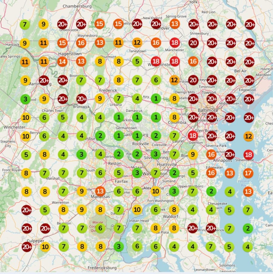 Before: local map rankings across the service area, Dec 2025